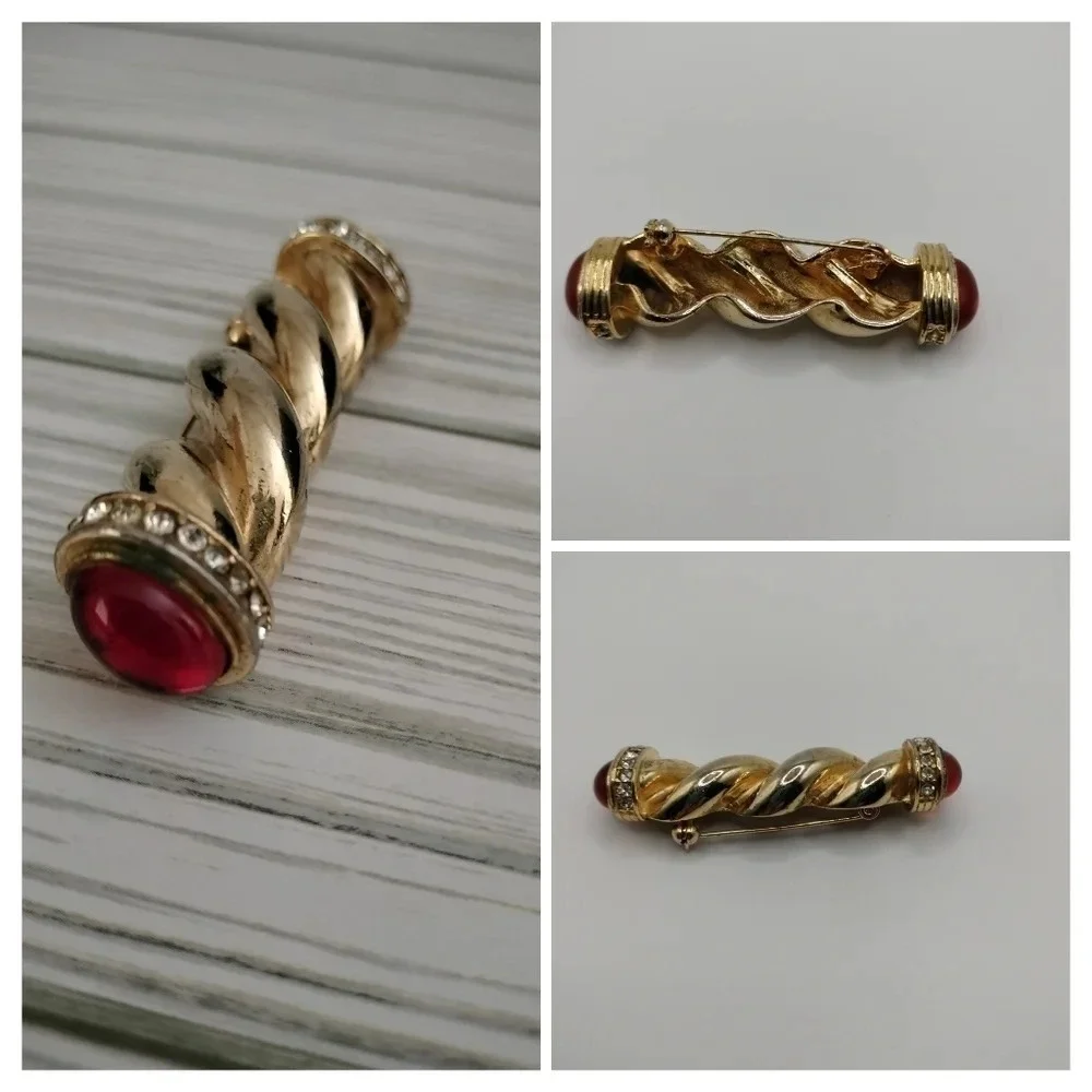Gold Tone Twisted Chunky Bar Pin Red Cabochons Vintage Statement Brooch Scepter